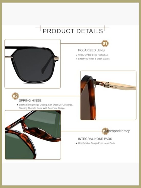 Retro Square Polarized Aviator Sunglasses, Lightweight Plastic Frame